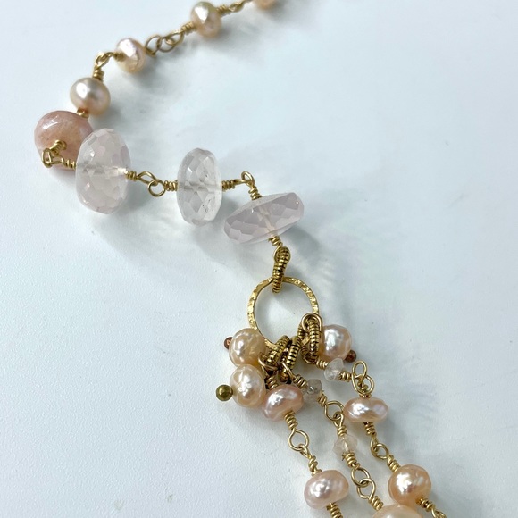 Blush Pink Gemstone 14k Gold Filled Multistrand Necklace, Baroque Pearl Cross - Picture 5 of 7